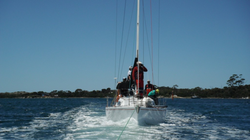 RQ Six under tow into Beauty Bay. It was on its way to Beauty Point in the Tamar River when experiencing heating problems off St Helens Point.